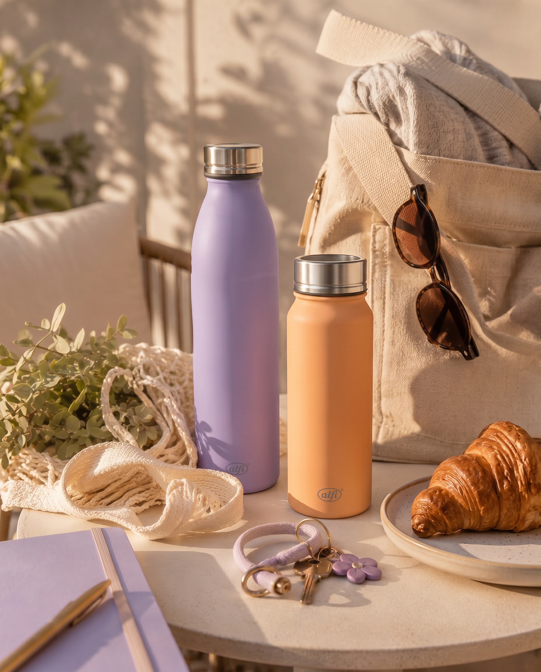 PURE Isolierbecher und Isolerflasche auf einem Tisch mit Tasche und Sonnenbrille