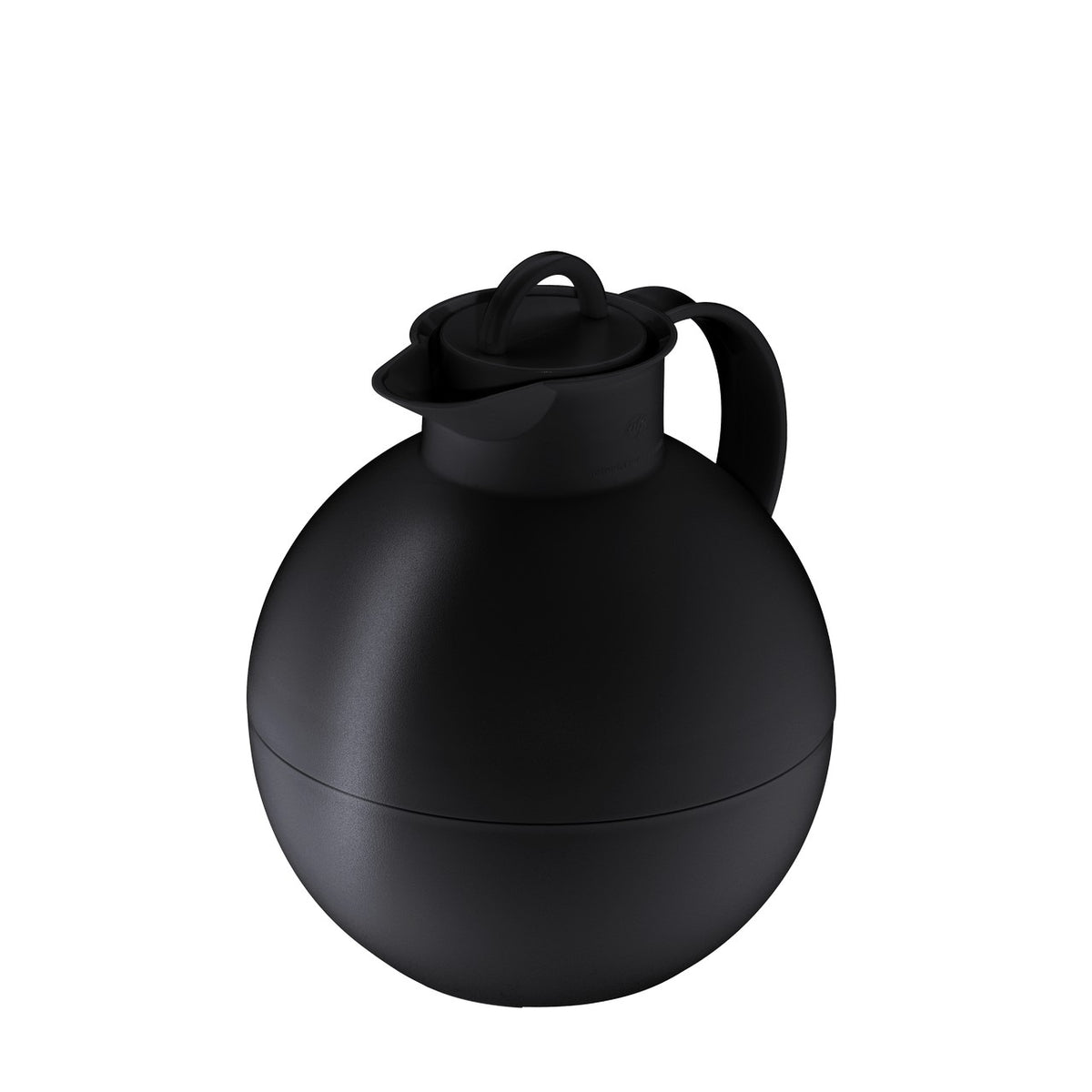 Das Bild zeigt eine schwarze, kugelförmige Thermoskanne mit einem eleganten, matten Finish. Sie hat einen Griff und einen Deckel mit einer Ausgießtülle. Die Form erinnert an einen schlichten, modernen Stil.