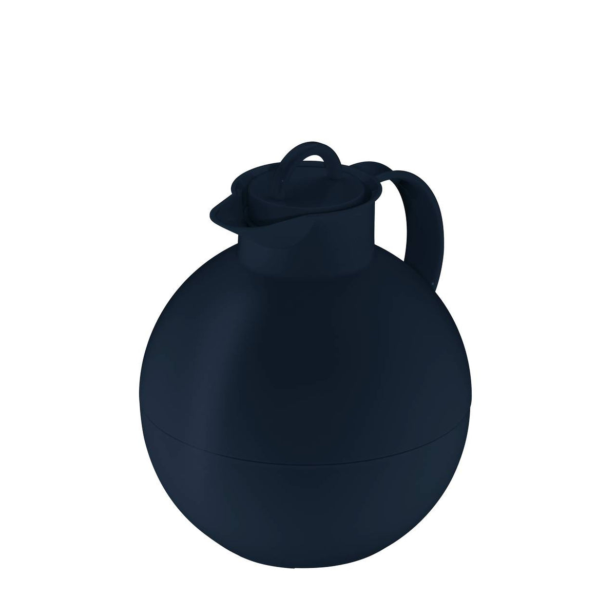 Das Bild zeigt eine matte, dunkelblaue runde Thermoskanne mit einem Henkel an der Seite. Sie hat einen Deckel mit einer kleinen Ausgießöffnung und sieht modern und schlicht aus.