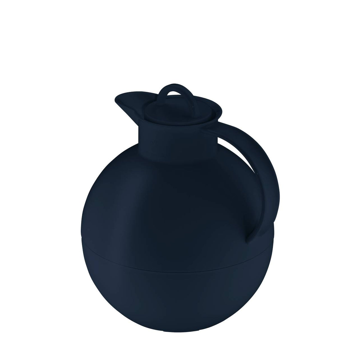 Das Bild zeigt eine dunkelblaue kugelförmige Thermoskanne mit einem Griff und einem Ausgießer. Der Deckel ist flach mit einem kleinen Griff in der Mitte. Die Kanne hat ein schlichtes, modernes Design.