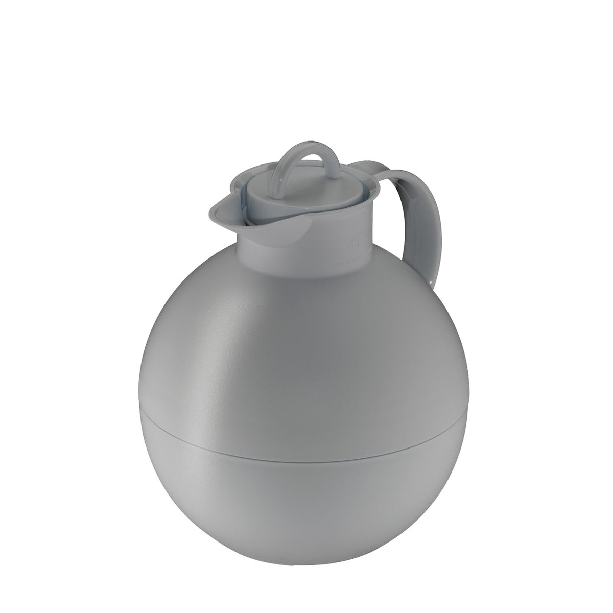 Das Bild zeigt eine runde, graue Thermoskanne mit einem ergonomischen Griff auf der rechten Seite. Der Deckel hat einen Henkel und eine kleine Ausgießöffnung. Die Oberfläche der Kanne wirkt leicht mattiert.
