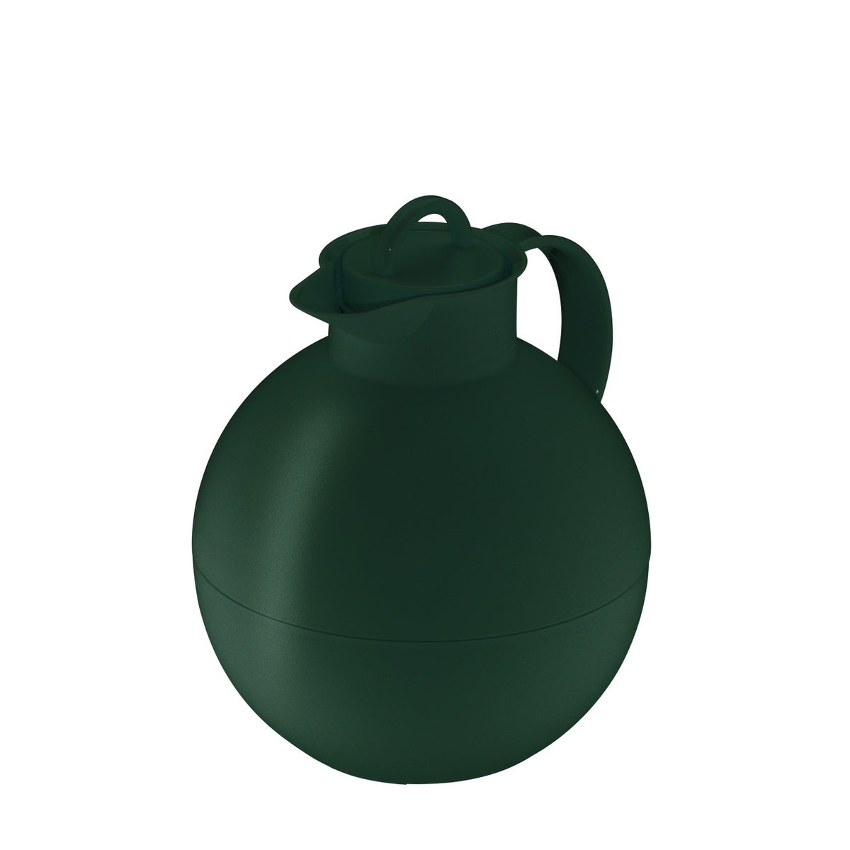 Das Bild zeigt eine dunkelgrüne, kugelförmige Thermoskanne mit einem Griff und einem Deckel. Sie hat ein schlichtes, modernes Design.