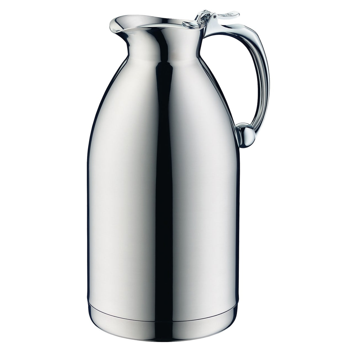 Das Bild zeigt eine elegante, silberne Thermoskanne mit einem geschwungenen Henkel. Die Oberfläche ist glatt und reflektierend, und die Form ist klassisch bauchig.