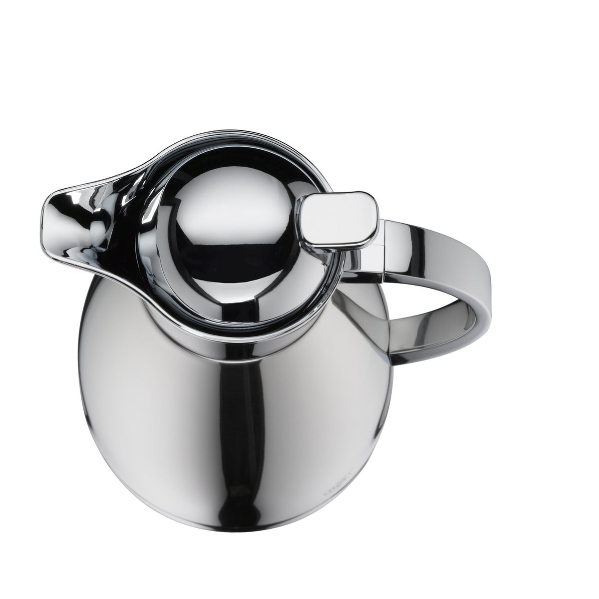 Das Bild zeigt eine glänzende, silberne Thermoskanne aus Edelstahl mit einem ergonomischen Griff und einem Verschlussdeckel. Die Kanne hat eine moderne, minimalistische Gestaltung und ist von oben fotografiert.