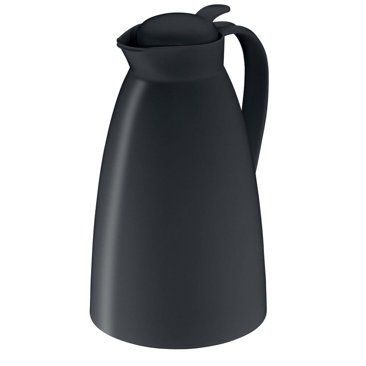 Das Bild zeigt eine schwarze Thermoskanne von oben, mit einem runden Deckel und einem gebogenen Griff an der Seite. Der schlichte, matte Look vermittelt ein modernes Design.