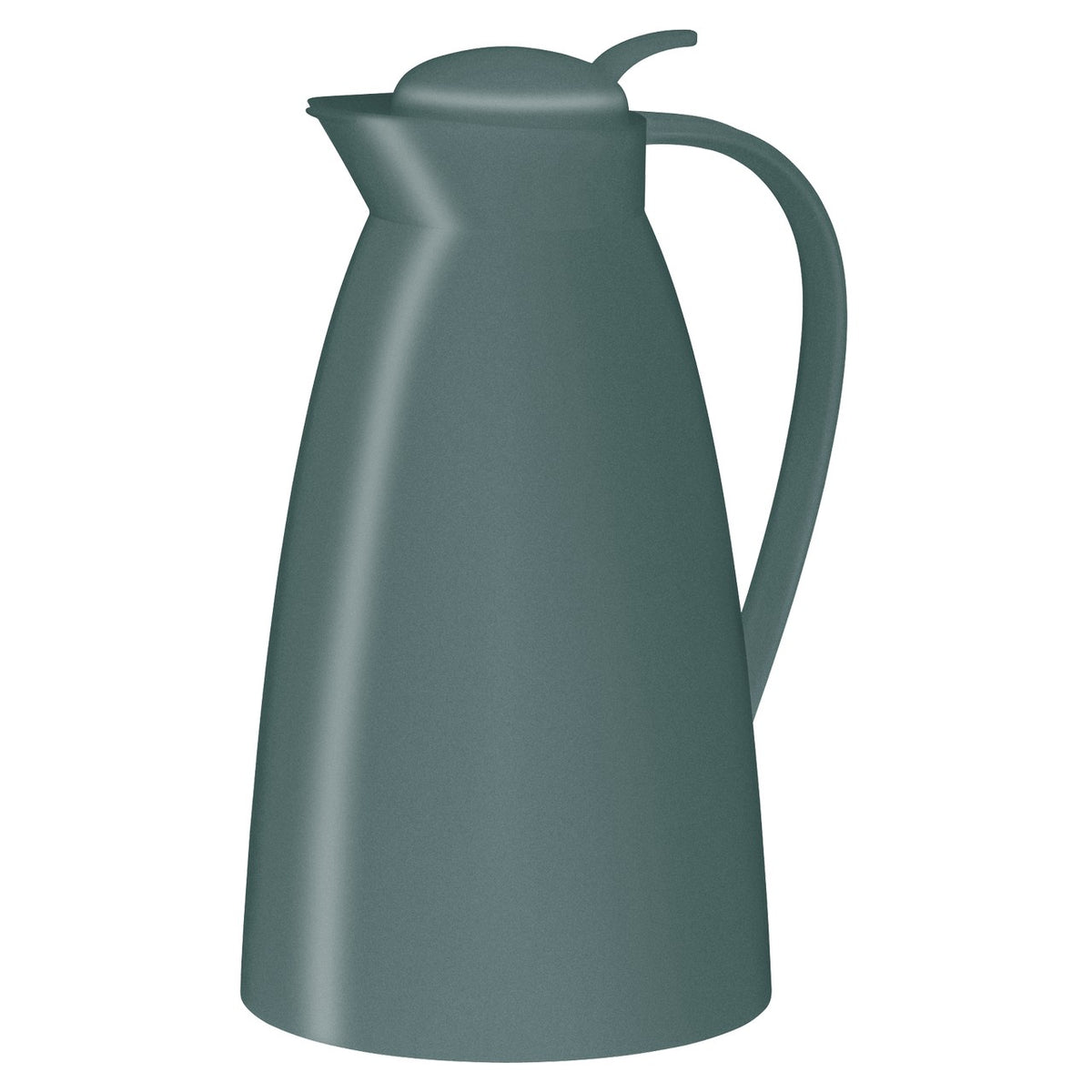 Das Bild zeigt eine schlichte, grün-blaue Thermoskanne mit Griff und Deckel. Die Kanne hat eine glatte, matte Oberfläche und eine leicht bauchige Form.