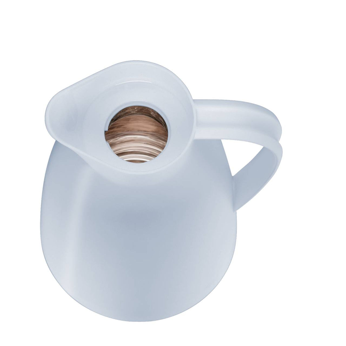 Das Bild zeigt eine minimalistische, hellblaue Kanne von oben mit einem offenen Deckel, durch den man in das Innere blicken kann. Der Griff ist an der rechten Seite angebracht.