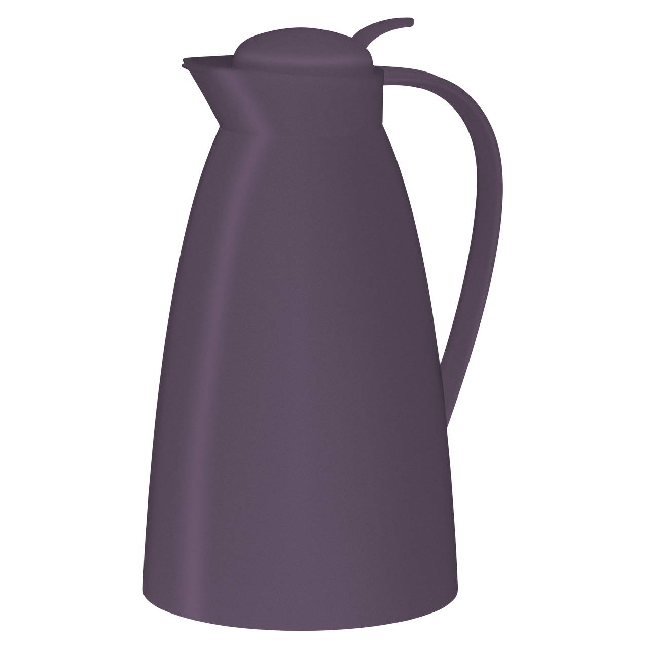 Das Bild zeigt eine dunkelviolette Thermoskanne mit einem geschwungenen Griff auf der rechten Seite. Sie hat einen abnehmbaren Deckel und eine schlichte, konische Form.