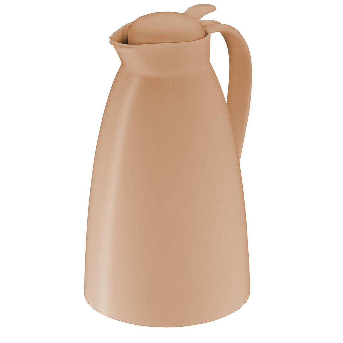 Das Bild zeigt eine beige Kanne mit einem gebogenen Griff und einem runden Deckel von oben. Die Form wirkt schlicht und funktional, ohne auffällige Verzierungen.