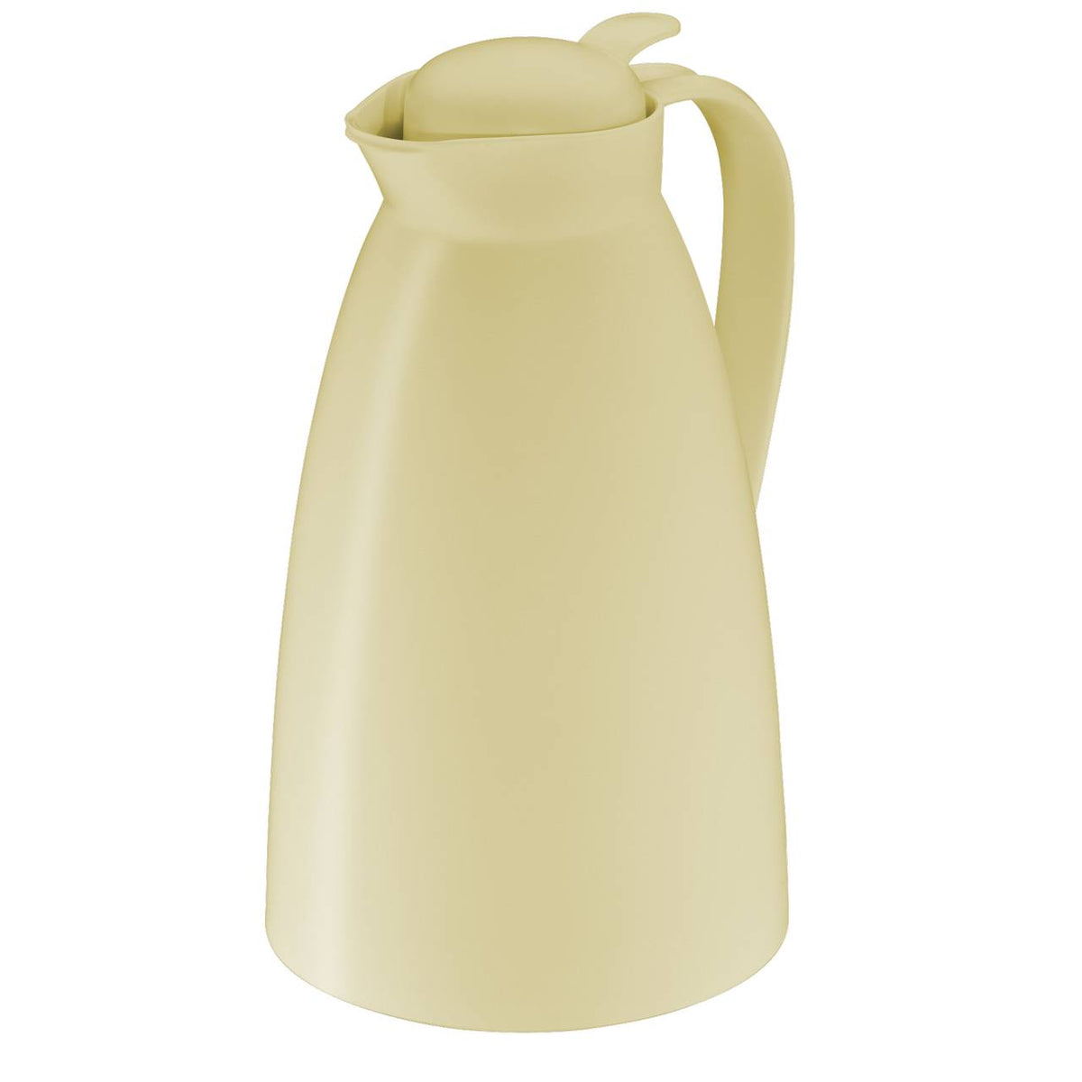 Das Bild zeigt eine cremefarbene Thermoskanne mit einem leicht geschwungenen, modernen Design. Sie hat einen Deckel mit einem kleinen Griff oben und einen ergonomischen Henkel an der Seite.