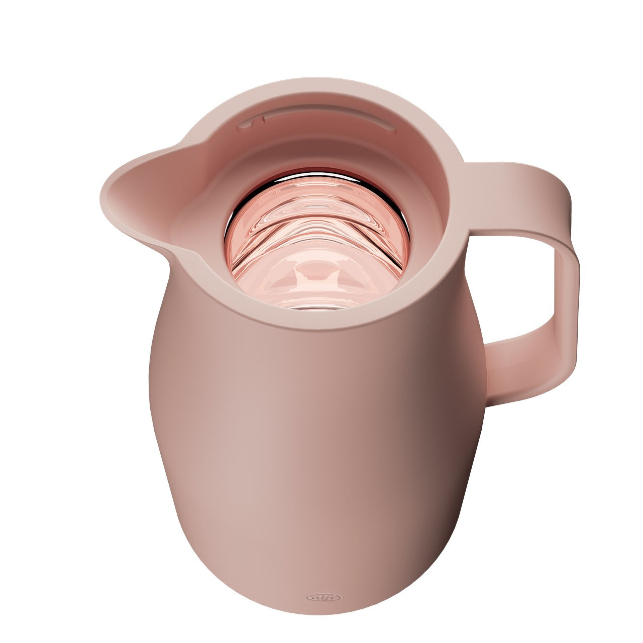 Das Bild zeigt einen rosa-weißen Krug mit einer breiten Tülle und einem großen Griff. Der Krug hat einen glänzenden, metallisch aussehenden Innenraum.