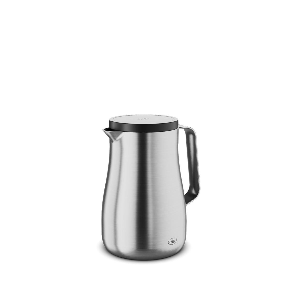 Das Bild zeigt eine silberne Thermoskanne mit einem schlichten, modernen Design. Sie hat einen gebogenen Ausguss, einen schwarzen Deckel und einen Griff auf der rechten Seite.