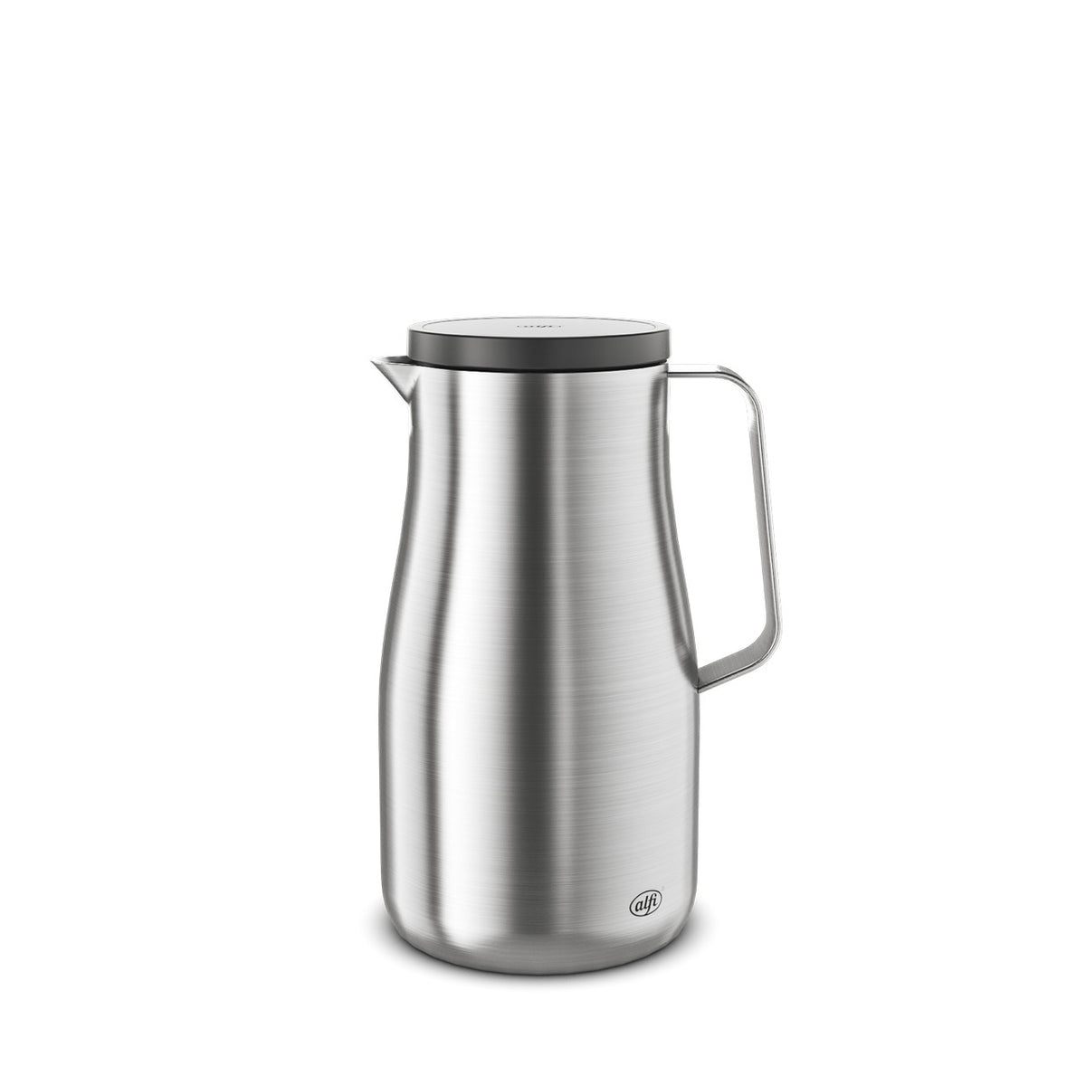 Auf dem Bild ist eine silberne Thermoskanne aus Edelstahl zu sehen. Sie hat einen schmalen Ausguss und einen Griff auf der rechten Seite. Die Kanne hat ein minimalistisches, modernes Design.