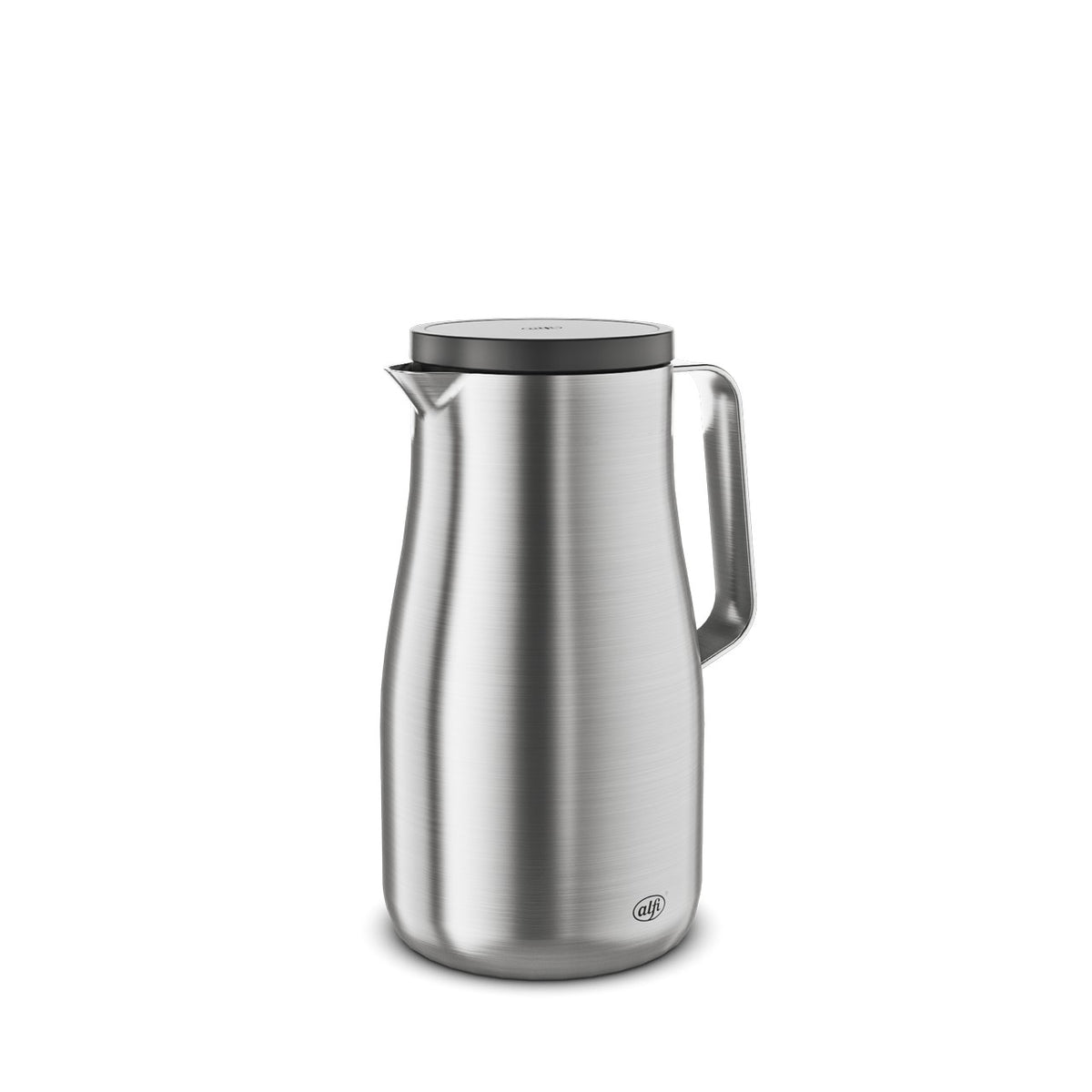 Das Bild zeigt eine schlichte, elegante Thermoskanne aus gebürstetem Edelstahl mit einem schwarzen Deckel. Sie hat einen ergonomischen Griff an der Seite und einen kleinen Ausguss. Die Kanne wirkt modern und minimalistisch.