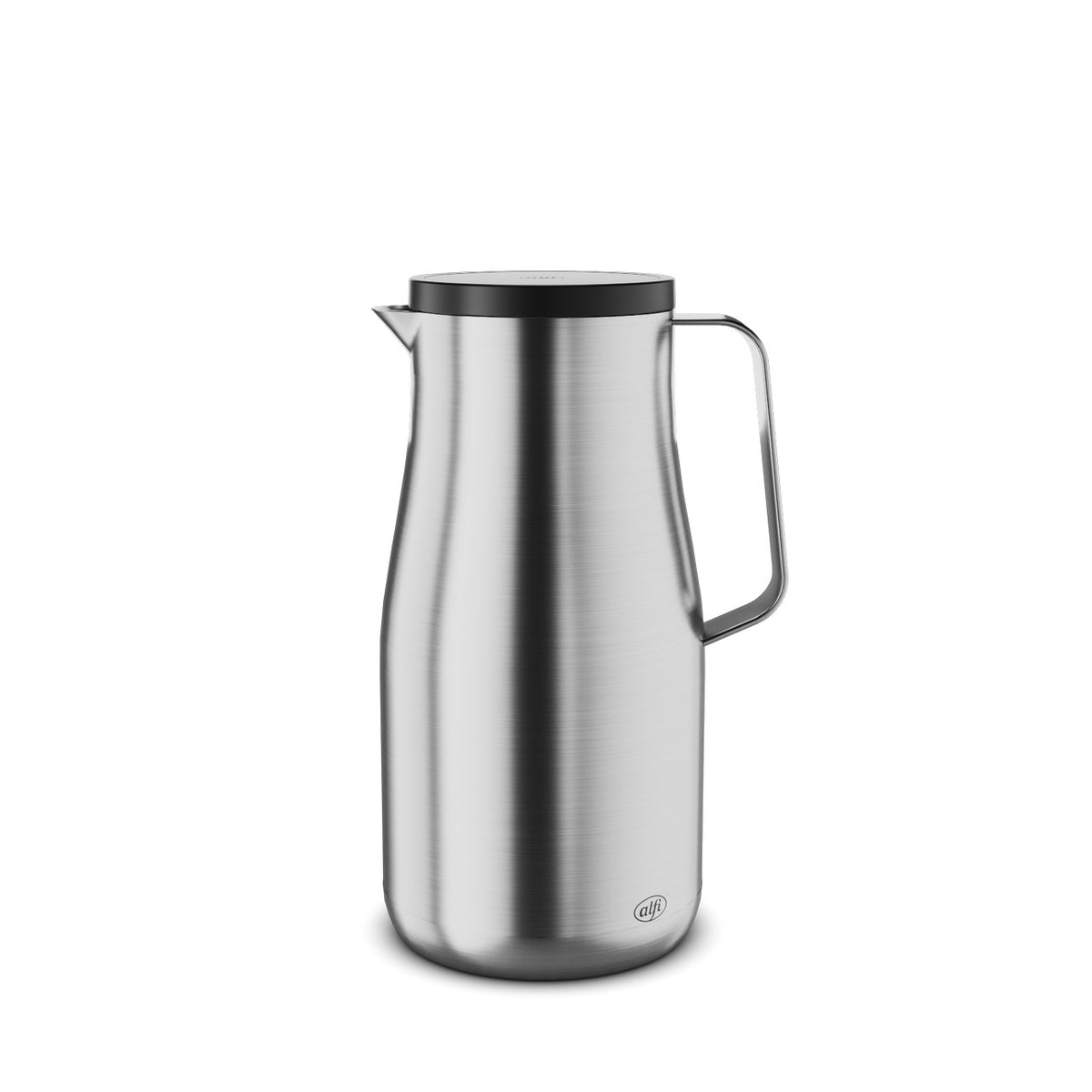 Auf dem Bild ist eine silberne Thermoskanne aus Metall zu sehen. Sie hat eine schlanke, zylindrische Form mit einem dünnen, schwarzen Deckel und einem seitlichen Henkel.