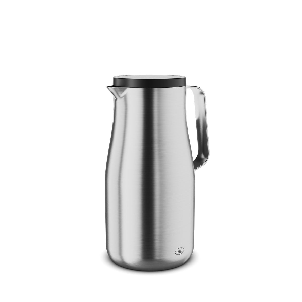 Auf dem Bild ist eine schlanke, silberne Thermoskanne mit einem schwarzen Deckel und einem geschwungenen Henkel zu sehen. Die Kanne hat ein minimalistisches und modernes Design. Sie steht vor einem weißen Hintergrund.