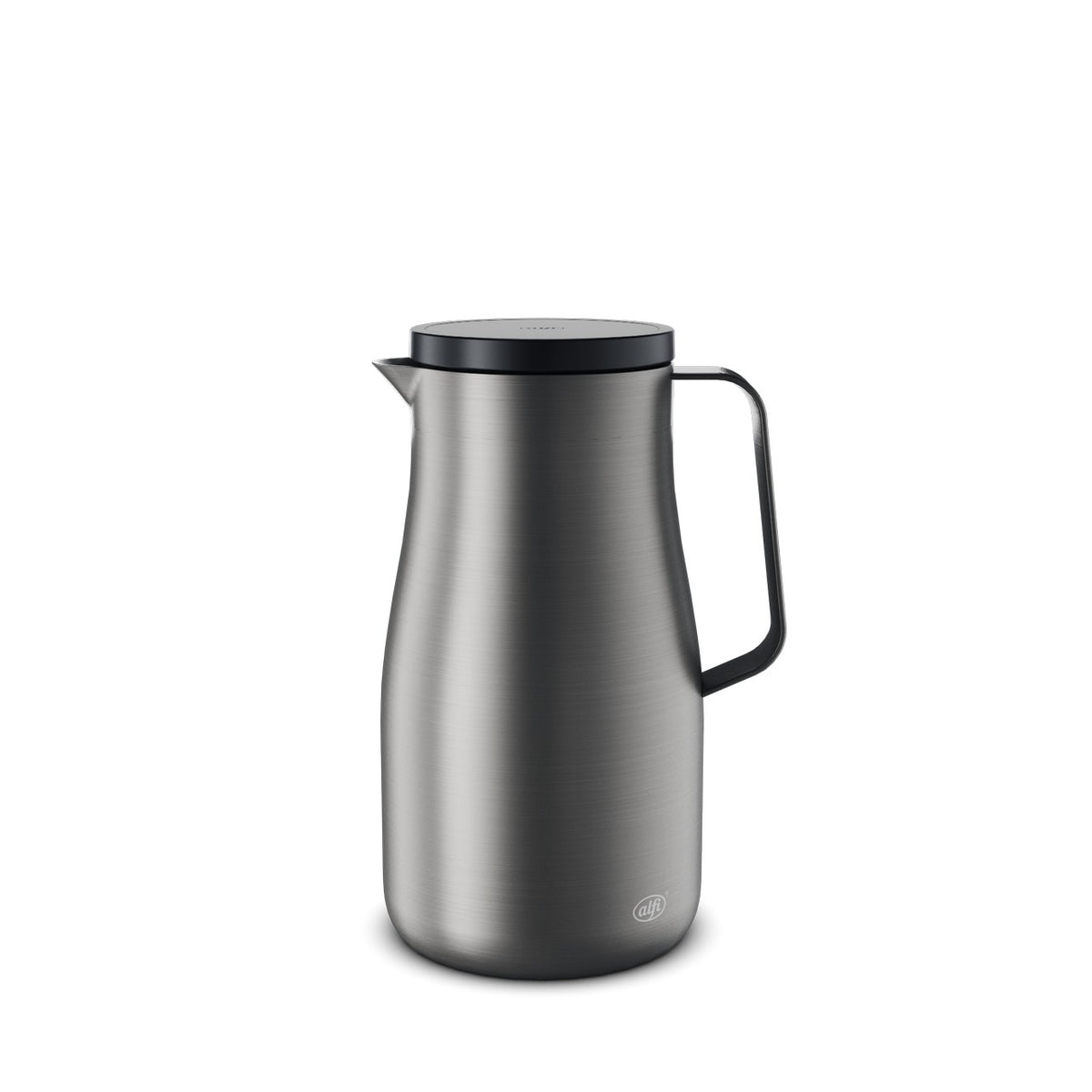 Das Bild zeigt eine elegante, silberne Thermoskanne mit einem matten Finish. Sie hat einen schwarzen Deckel und Griff.