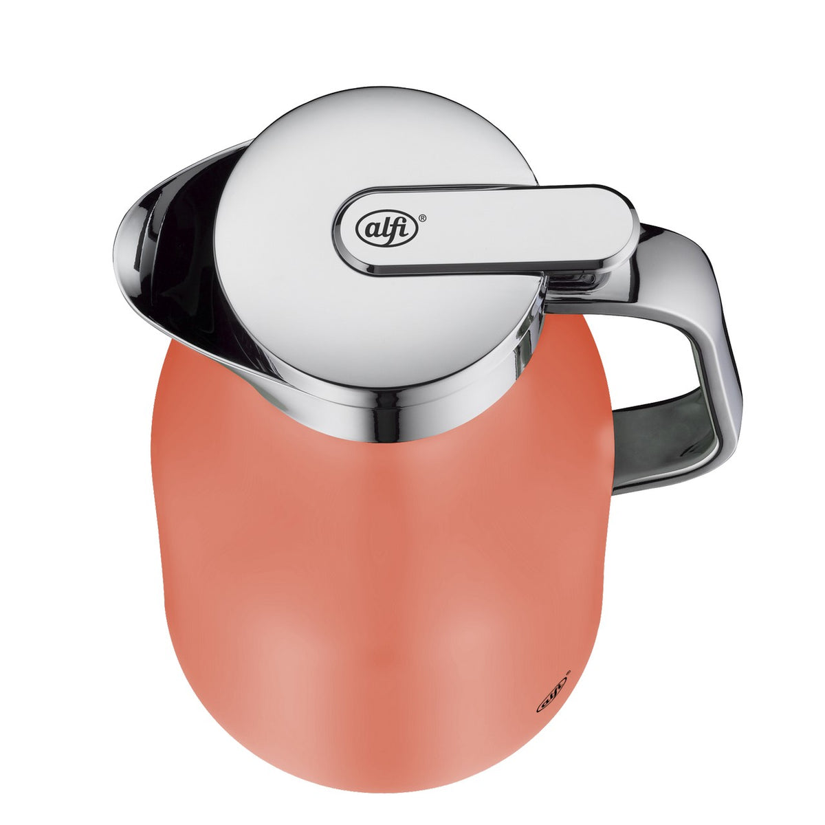 Die Abbildung zeigt eine orangefarbene Thermoskanne mit silbernem Deckel und Griff. Der Deckel hat ein rundes durchscheinendes Element. Die Kanne ist rund und kompakt gestaltet.