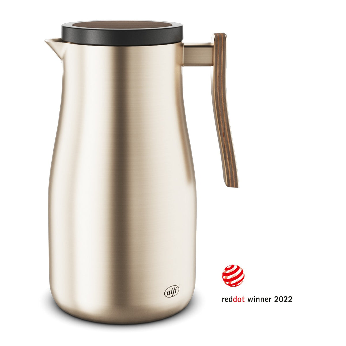 Das Bild zeigt eine silberne Thermoskanne mit einem schwarzen Deckel und einem braunen Griff. Die Kanne hat eine geschwungene Form. Links unten ist ein rotes Siegel mit der Aufschrift "Red Dot Design Award 2016" sichtbar.