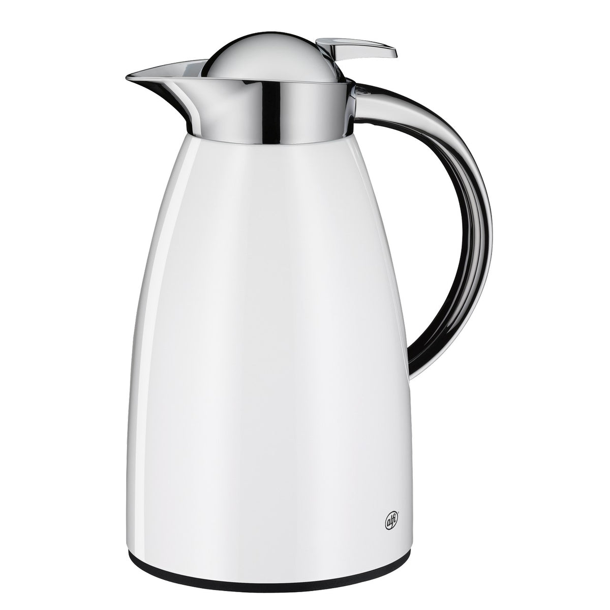 Das Bild zeigt eine elegante Thermoskanne mit einem glänzenden Chromdeckel und -griff. Der Körper der Kanne ist weiß, und sie hat eine schlichte, moderne Form.