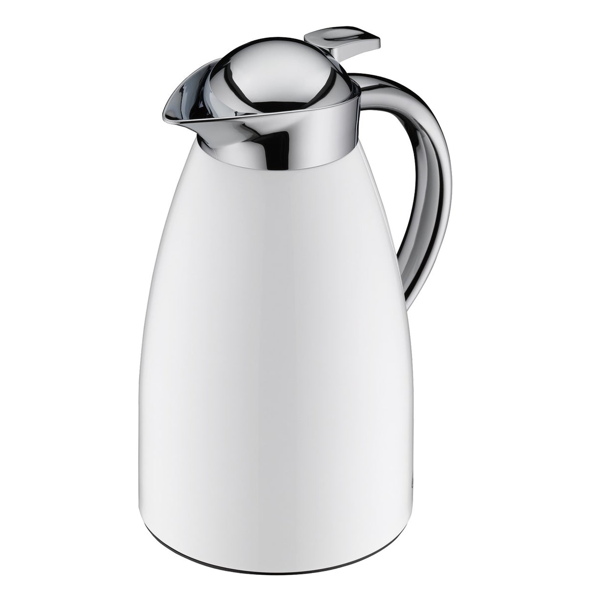 Das Bild zeigt eine elegante Thermoskanne mit einer glänzenden, metallischen Oberfläche am Deckel und Griff. Die Kanne selbst hat eine glatte, weiße Oberfläche. Sie vermittelt ein modernes und stilvolles Design.