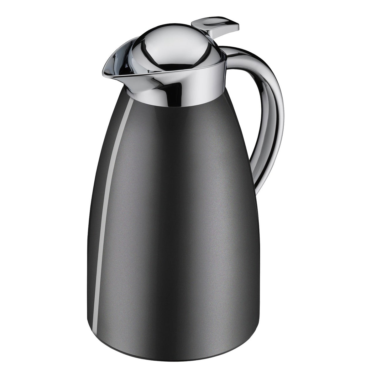 Das Bild zeigt eine elegante, schlanke Thermoskanne mit einem glänzenden, silbernen Deckel und Henkel. Der Korpus der Kanne ist in einem matten Dunkelgrau gehalten. Das Design wirkt modern und minimalistisch.