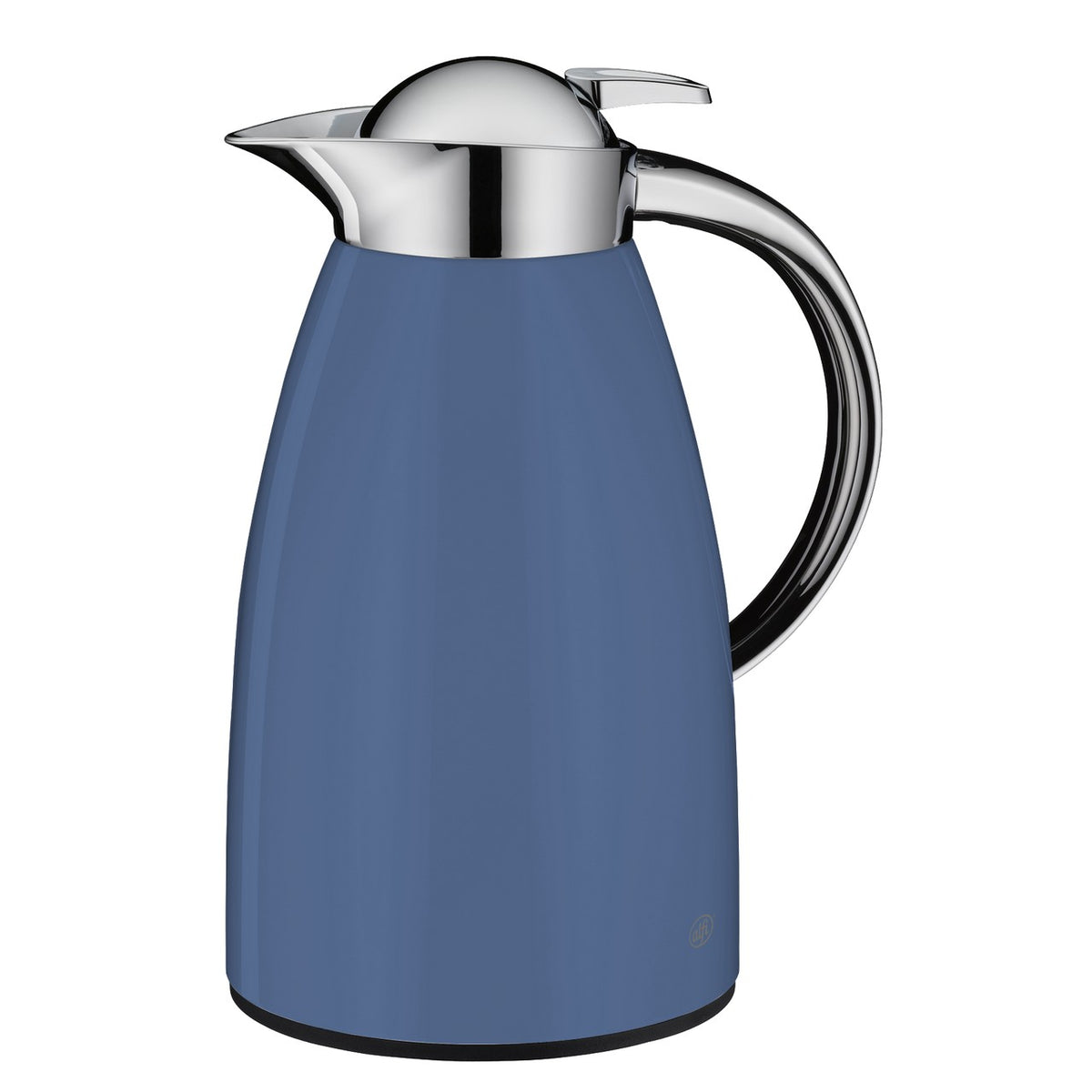 Das Bild zeigt eine blaue Thermoskanne mit einem glänzenden, silbernen Deckel und Griff. Der Körper der Kanne ist schlank und glatt, während der Deckel einen kleinen Hebel zum Öffnen hat.