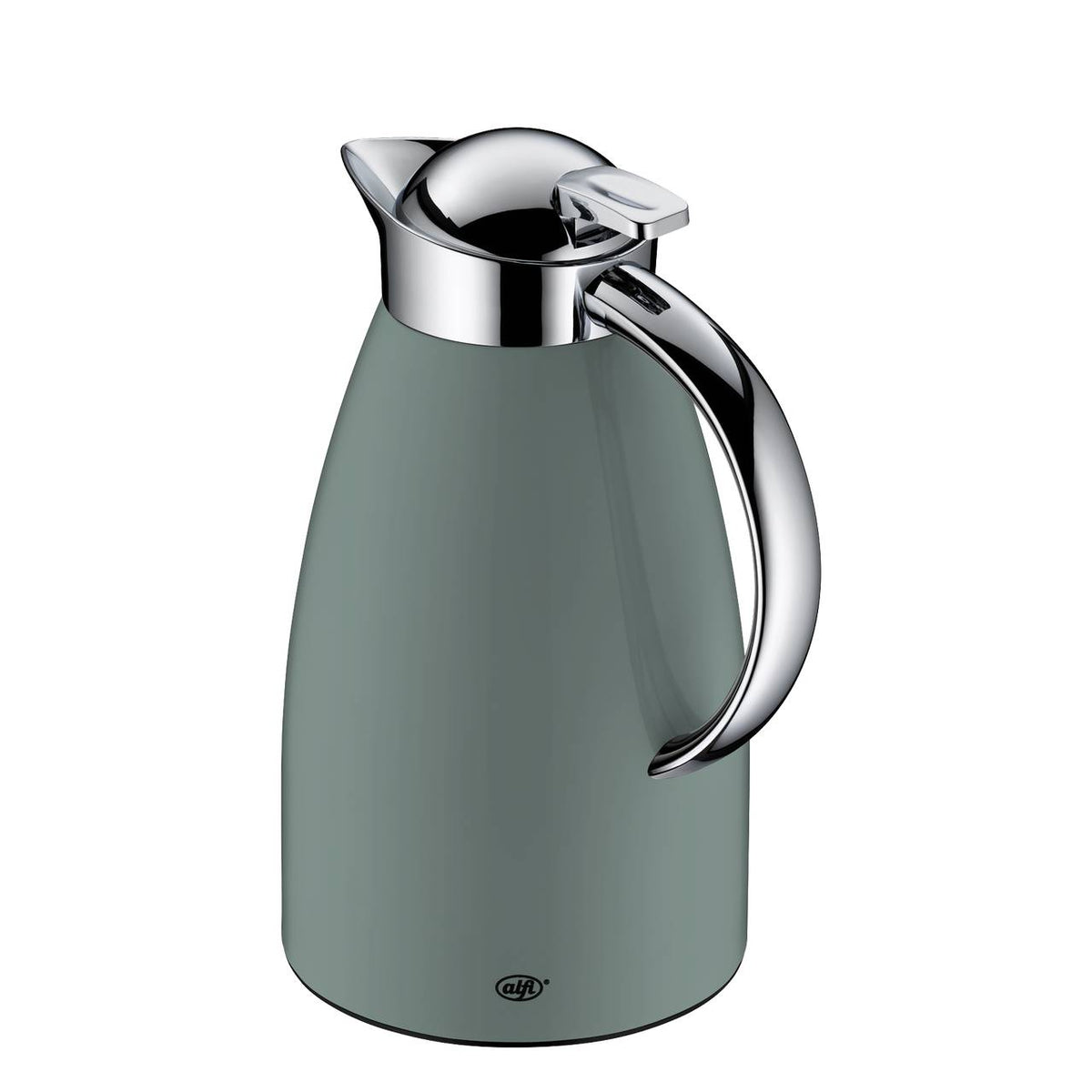 Das Bild zeigt eine schlanke, graue Thermoskanne mit einem glänzenden silberfarbenen Griff und Deckel. Die Kanne hat eine elegante, glatte Oberfläche.