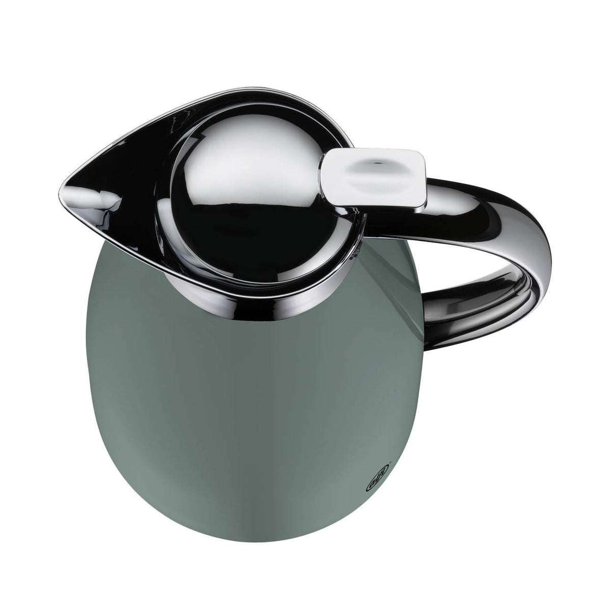 Das Bild zeigt eine stilvolle Thermoskanne in einer ovalen Form, die aus einem glatten, metallisch glänzenden Material besteht. Die Kanne hat einen eleganten, gebogenen Griff und einen geschwungenen Ausguss, alles in einer modernen Designästhetik.