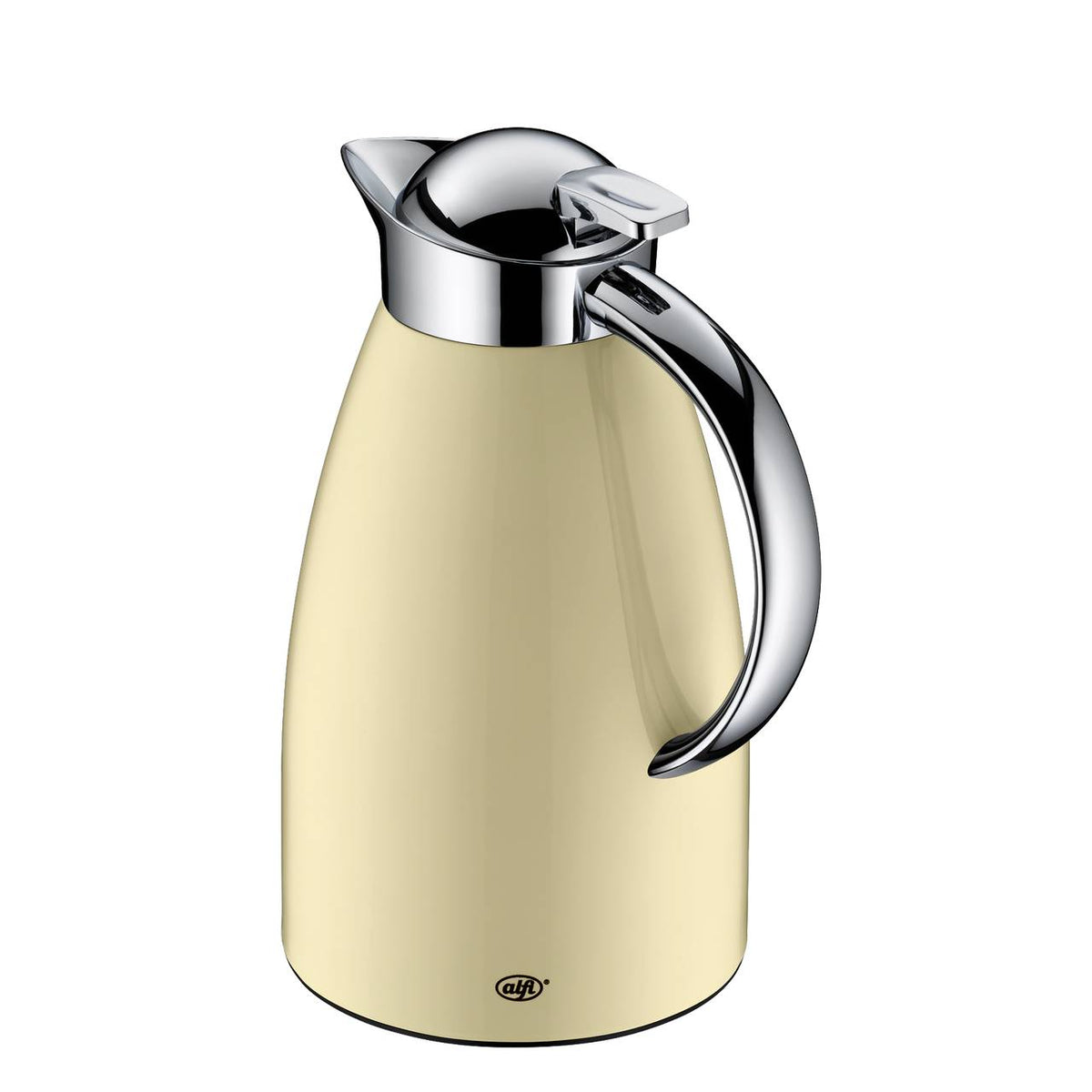 Auf dem Bild ist eine beige Thermoskanne mit einem glänzenden, silberfarbenen Deckel und Griff zu sehen. Sie hat eine elegante, abgerundete Form.