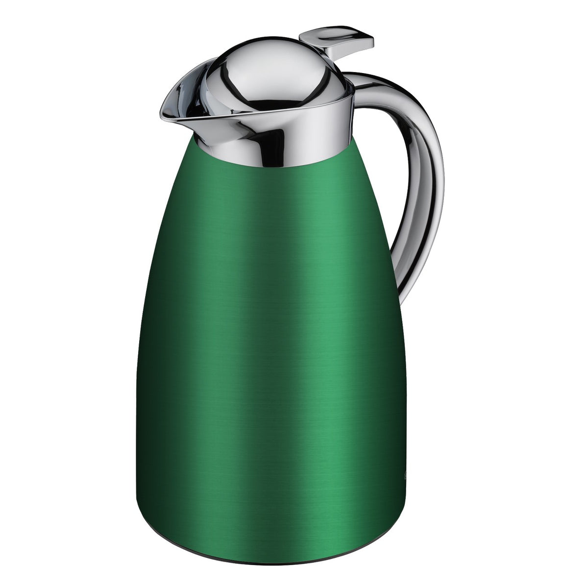 Das Bild zeigt eine grüne Thermoskanne mit einem silbernen Deckel und Griff. Der Korpus der Kanne ist glatt und läuft konisch zu. Der Deckel hat eine glänzende, polierte Oberfläche.