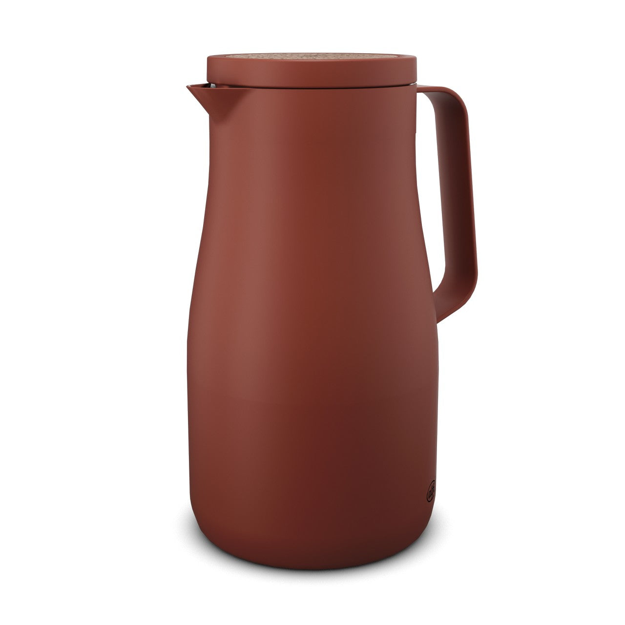 Das Bild zeigt eine schlichte, braune Thermoskanne mit einem abnehmbaren Deckel und einem Griff an der Seite. Die Oberfläche ist matt und die Kanne hat eine minimalistische, moderne Form.