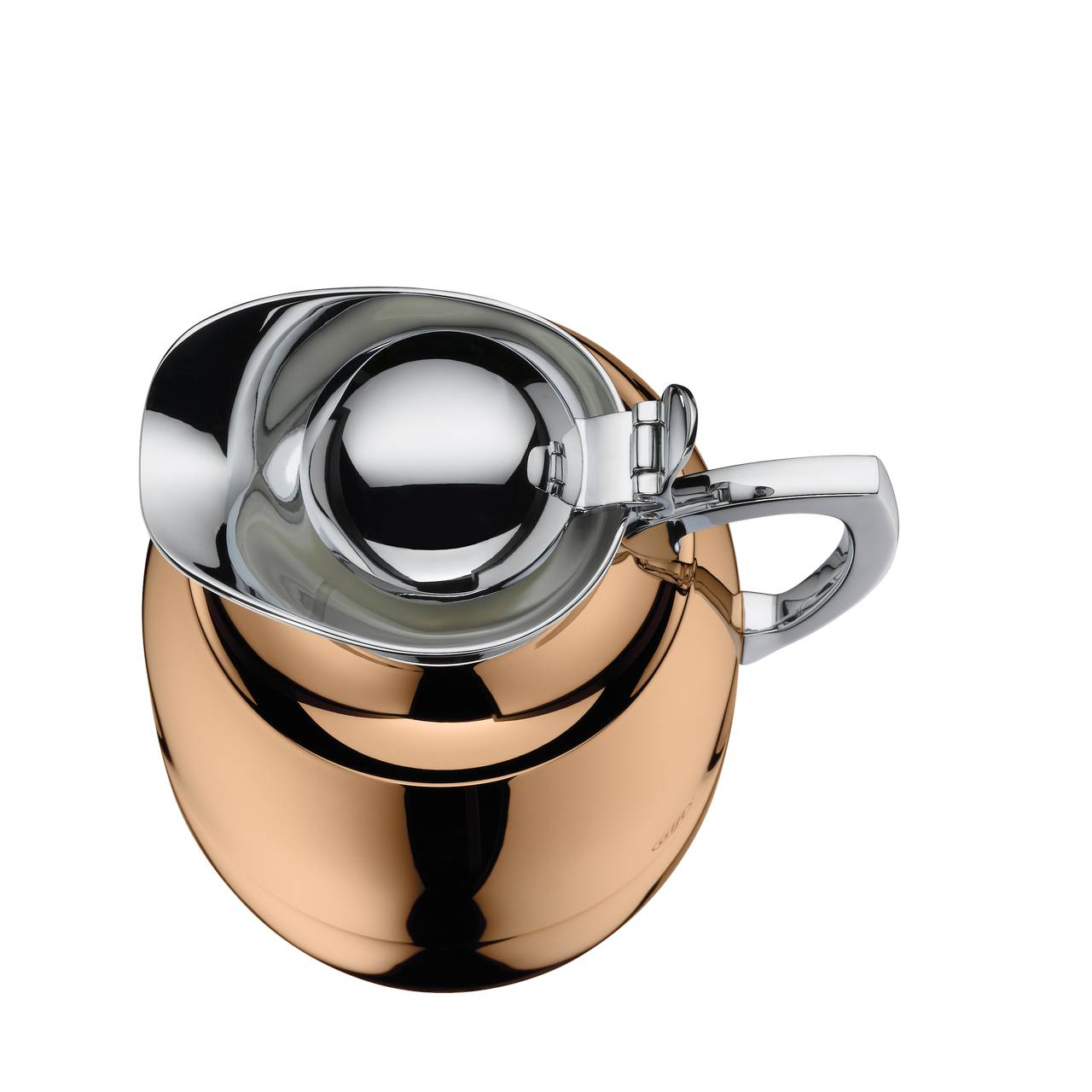 Das Bild zeigt eine glänzende, bauchige Kaffeekanne aus Metall in einer goldenen Farbgebung, die von oben betrachtet wird. Der Deckel und der Henkel der Kanne sind silbrig glänzend. Die Kanne hat eine elegante, moderne Gestaltung.