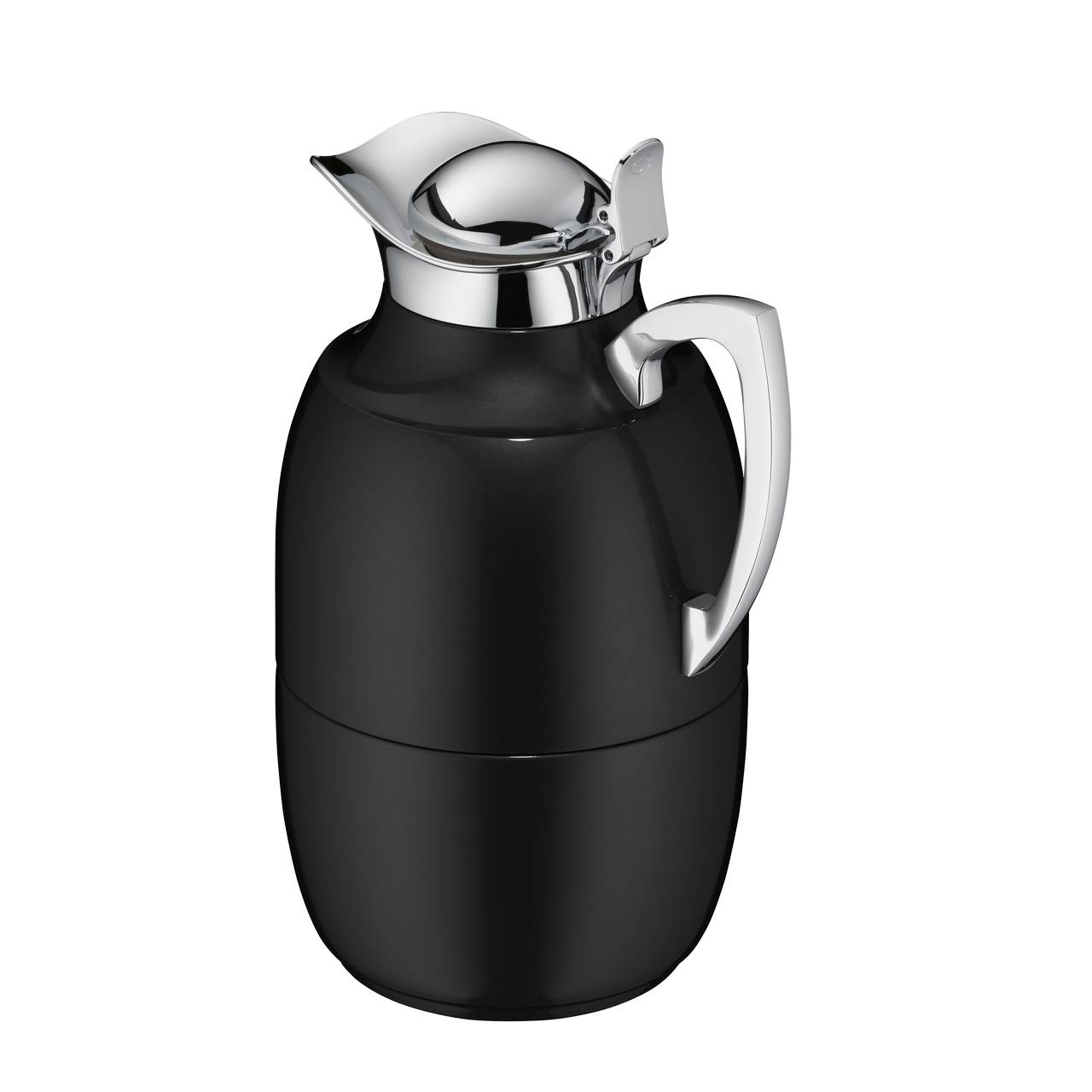 Das Bild zeigt eine schwarze Thermoskanne mit einem glänzenden, silberfarbenen Deckel und Henkel. Sie hat eine bauchige Form und wirkt elegant und modern.