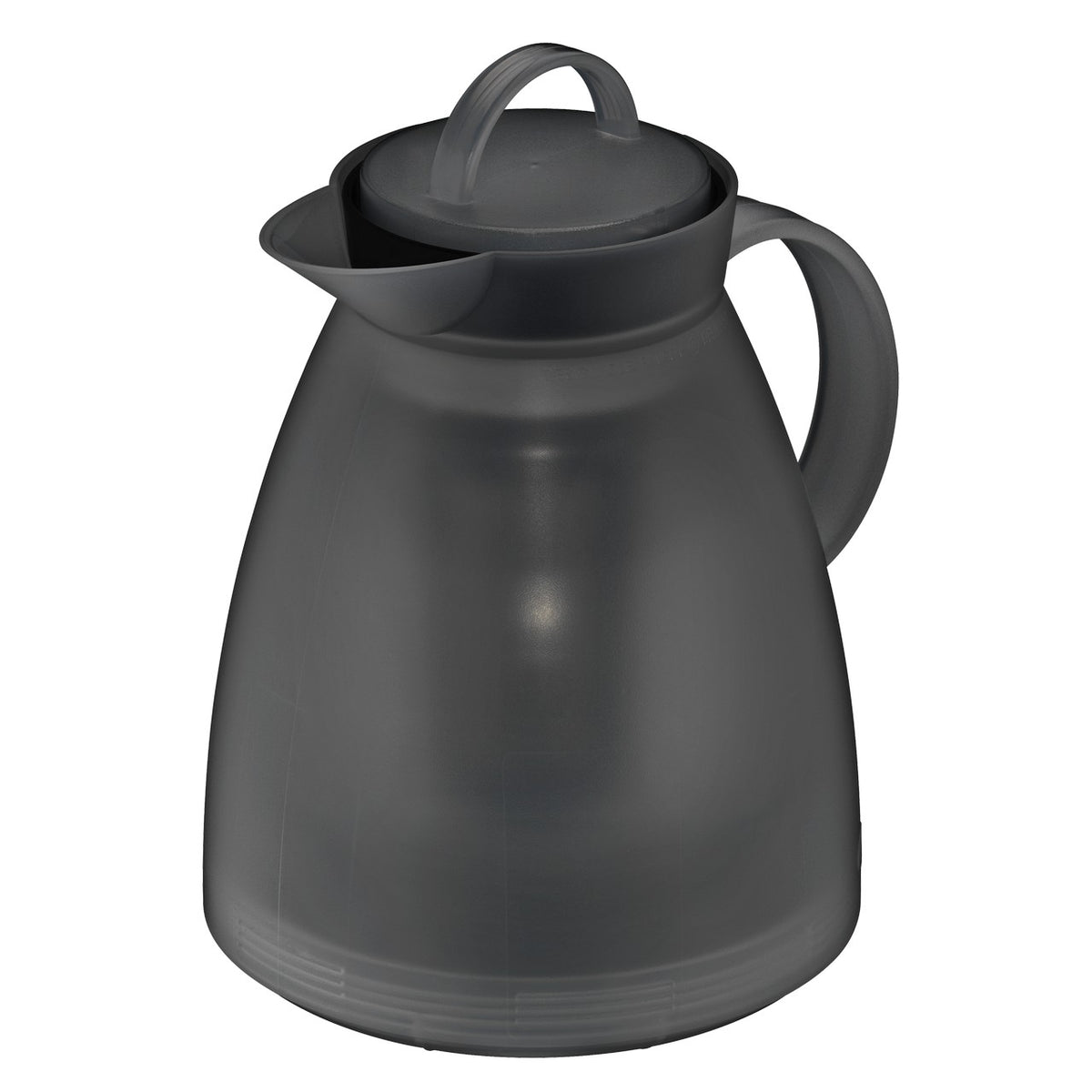 Das Bild zeigt eine graue Thermoskanne mit einem Henkel und einem abnehmbaren Deckel. Die Kanne hat eine bauchige Form und einen kleinen Ausguss. Sie wirkt schlicht und funktional im Design.