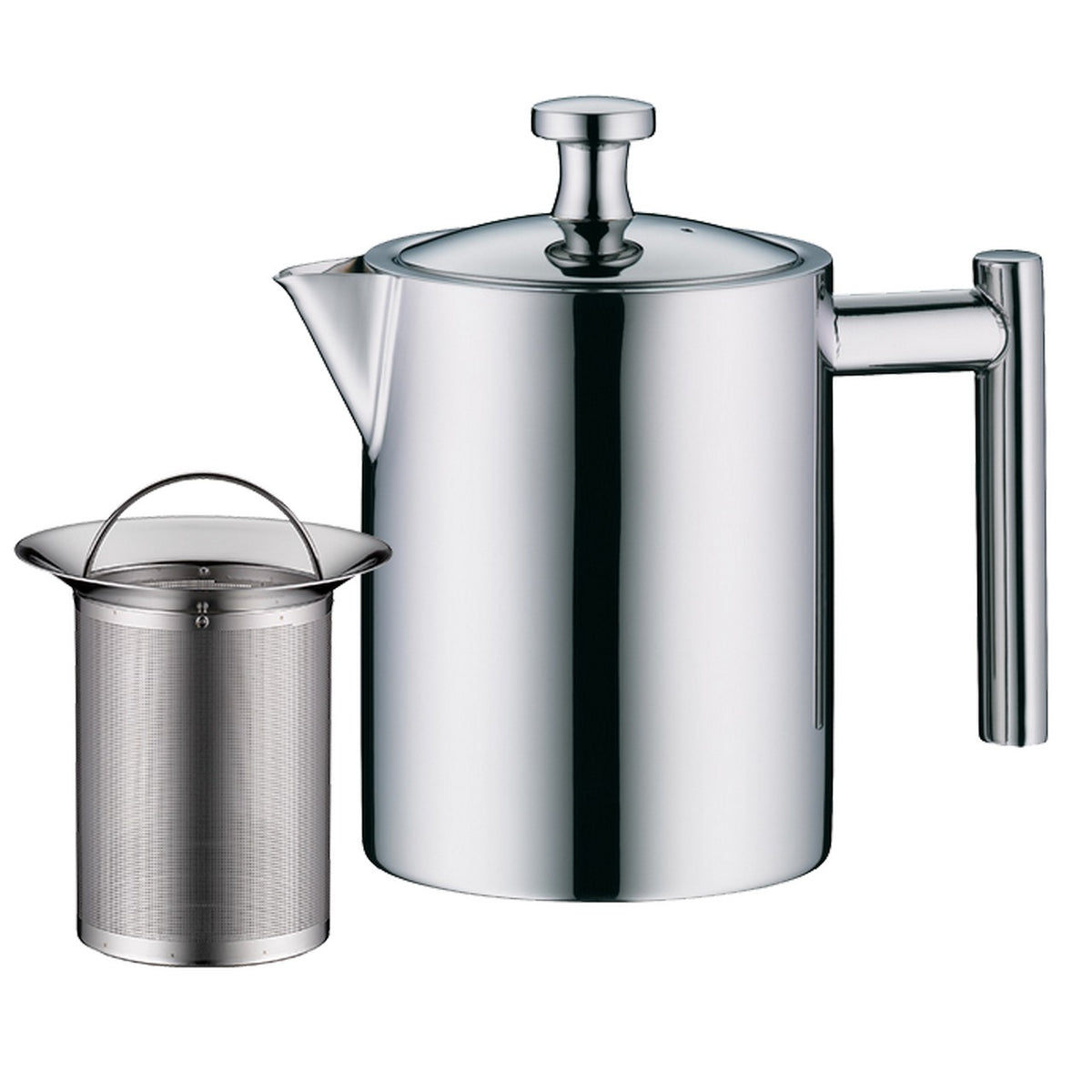 Das Bild zeigt eine silberne, glänzende Kaffeekanne mit einem minimalistischen Design und einem langen, flachen Griff. Daneben steht ein kleinerer, ebenfalls silberner Behälter mit einem Deckel. Beide Gefäße bestehen aus Edelstahl.
