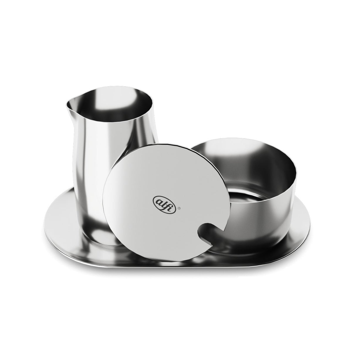 Auf dem Bild ist ein glänzendes, silbernes Set aus drei Teilen zu sehen: ein Krug, ein Behälter mit Deckel und ein ovales Tablett. Die Oberfläche ist spiegelnd und ästhetisch modern gestaltet.