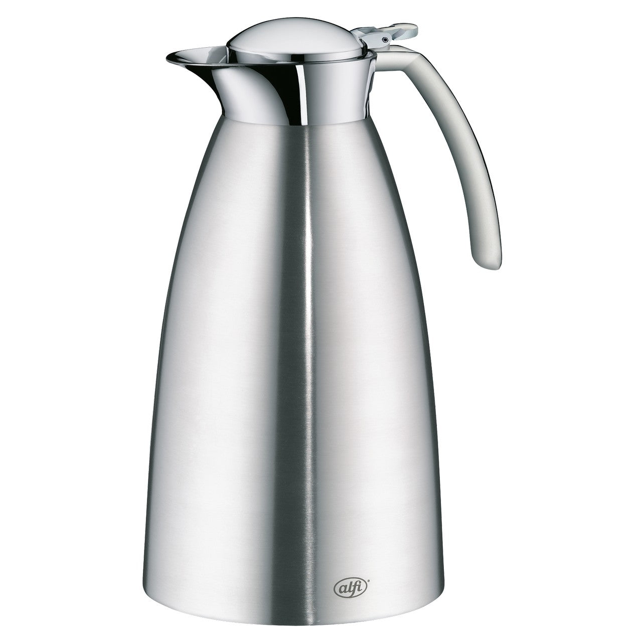 Das Bild zeigt eine elegante, silberne Thermoskanne mit glänzender Oberfläche und einem ergonomischen Griff. Die Kanne hat eine geschwungene Form und wirkt sehr modern und stilvoll.