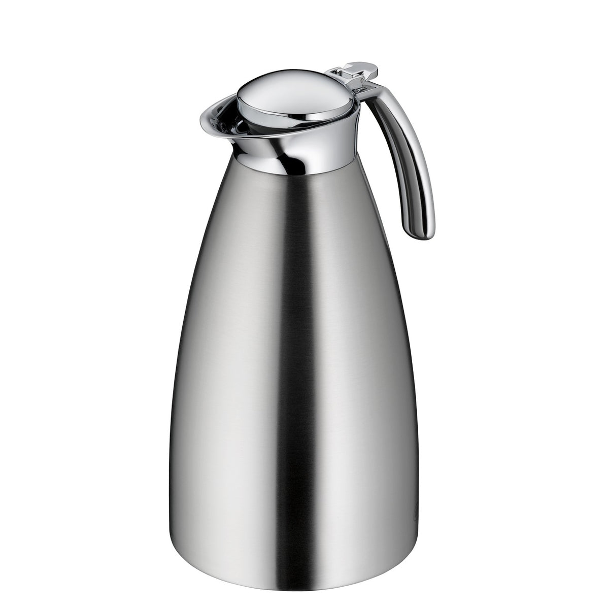 Das Bild zeigt eine glänzende Edelstahl-Thermoskanne mit einem eleganten, bauchigen Design. Sie hat einen integrierten Griff und einen Deckel zum Ausgießen von Flüssigkeiten.