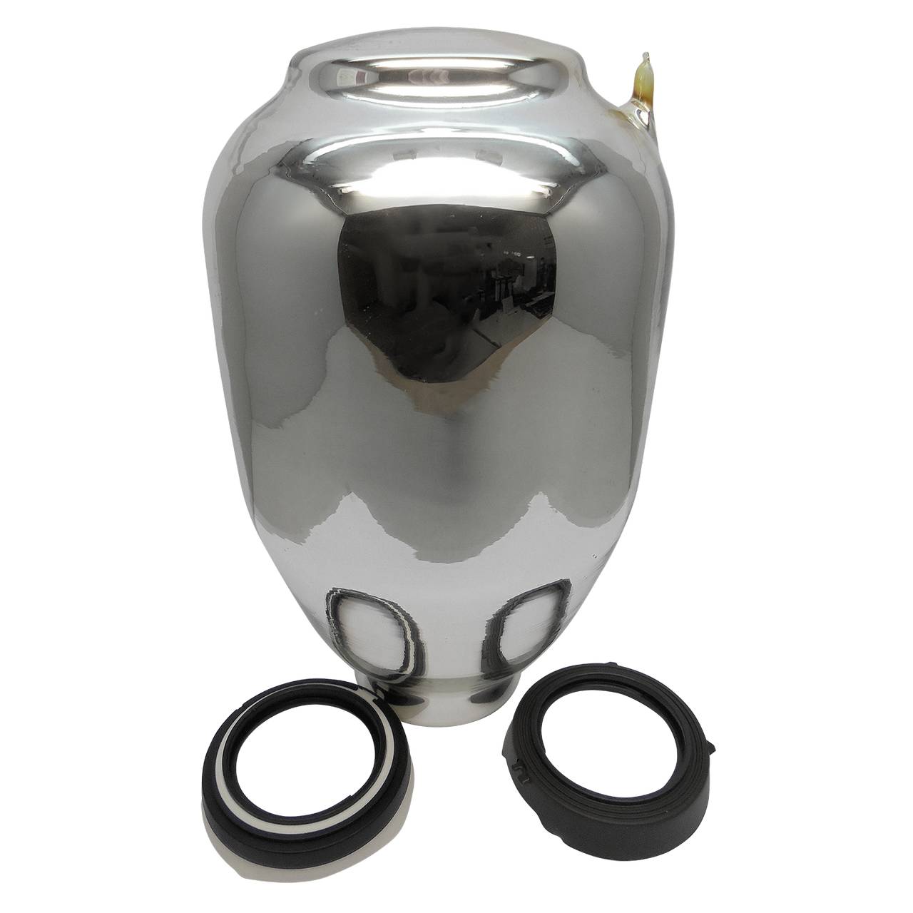 Das Bild zeigt einen glänzenden, metallischen Behälter in Form einer Vase. Daneben liegen zwei schwarze Ringe, vermutlich Dichtungen. Der Hintergrund ist neutral.