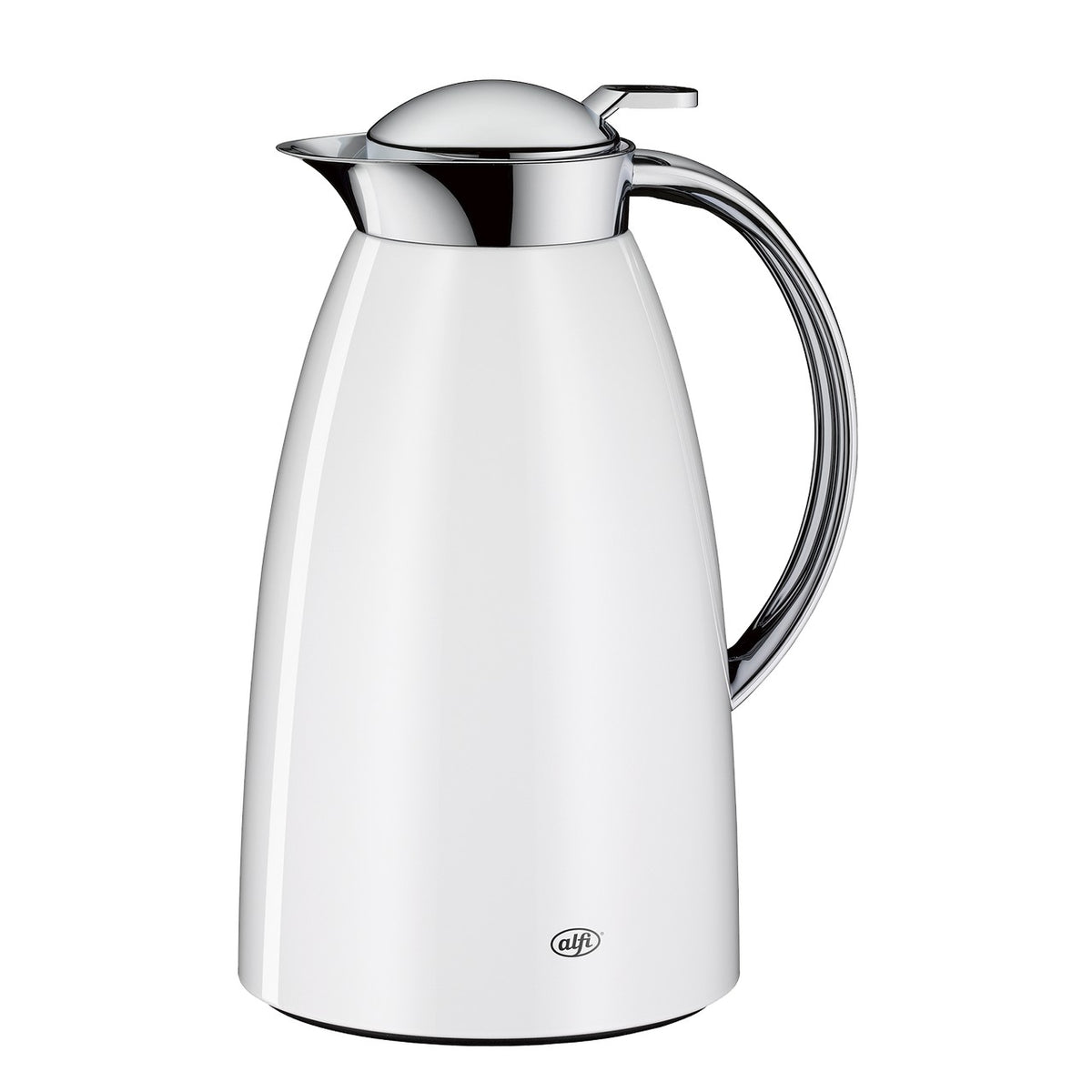 Das Bild zeigt eine silberne Thermoskanne mit einem eleganten, schlanken Design. Sie hat einen schwarzen Griff und einen kleinen Ausgussdeckel oben. Die Oberfläche ist glatt und glänzend.