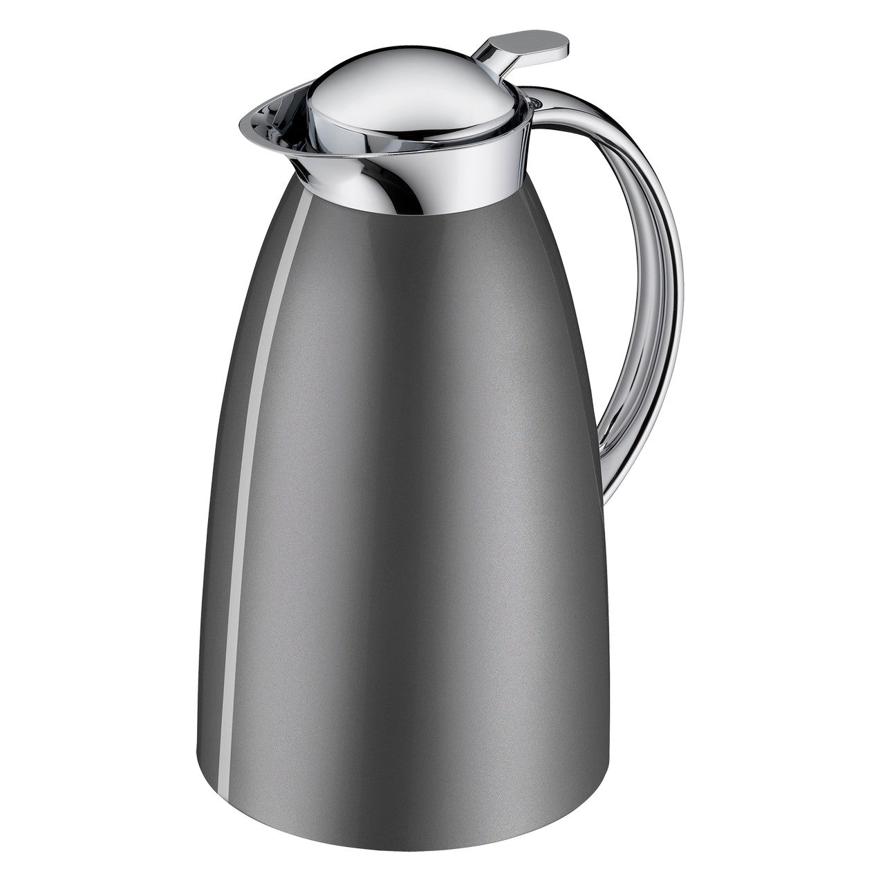 Das Bild zeigt eine glänzende, metallische Thermoskanne mit einem modernen Design. Sie hat einen schmalen Ausguss, einen ergonomischen Griff und einen deckelförmigen Verschluss. Die Oberfläche wirkt glatt und poliert.