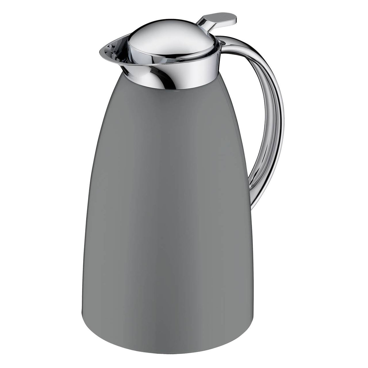 Das Bild zeigt eine silberne Thermoskanne mit einem glatten, modernen Design. Sie hat einen gebogenen Griff und einen Deckel mit einem Ausguss zum Eingießen. Die Kanne wirkt robust und funktional.