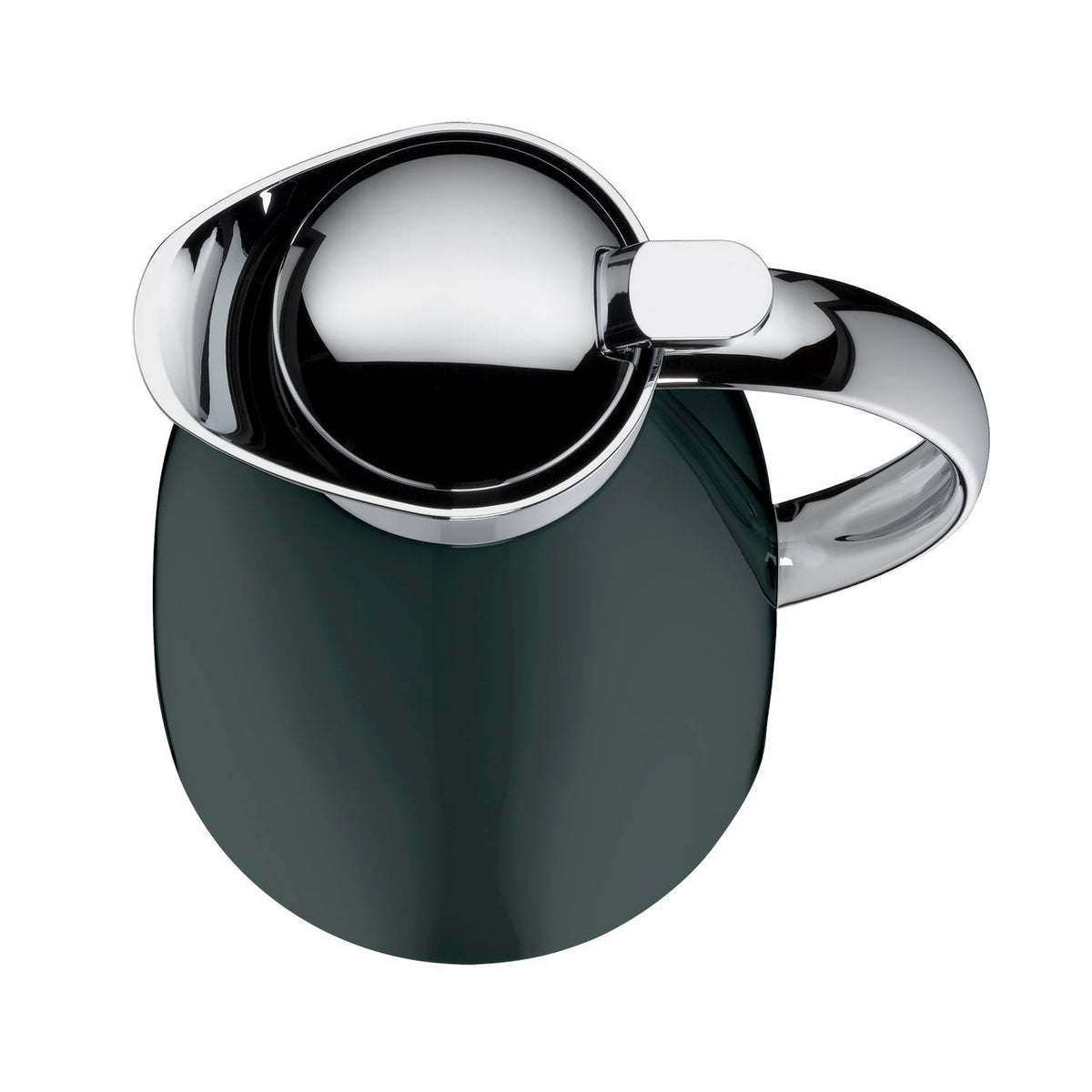 Das Bild zeigt eine elegante, dunkelgrüne Thermoskanne mit glänzendem Chromdeckel und -griff. Sie ist von oben fotografiert, sodass die Form und das Design deutlich zu erkennen sind.