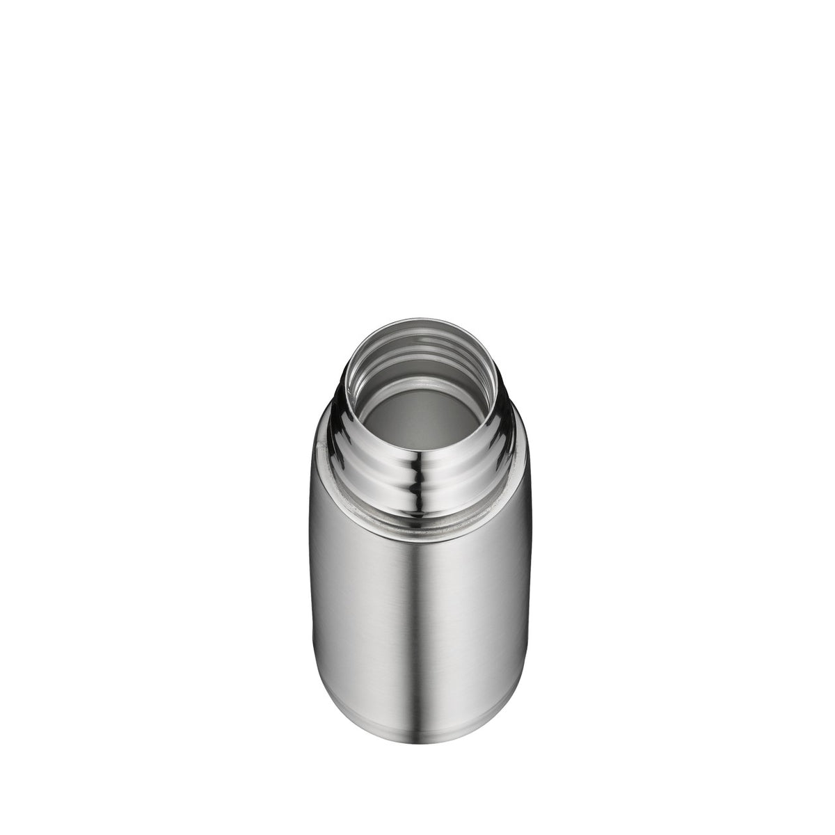 Das Bild zeigt eine silberne Thermosflasche aus Edelstahl, die von oben zu sehen ist. Der Flaschenhals ist offen und die Schraubgewinde sind sichtbar. Die Oberfläche der Flasche ist glatt und glänzend.