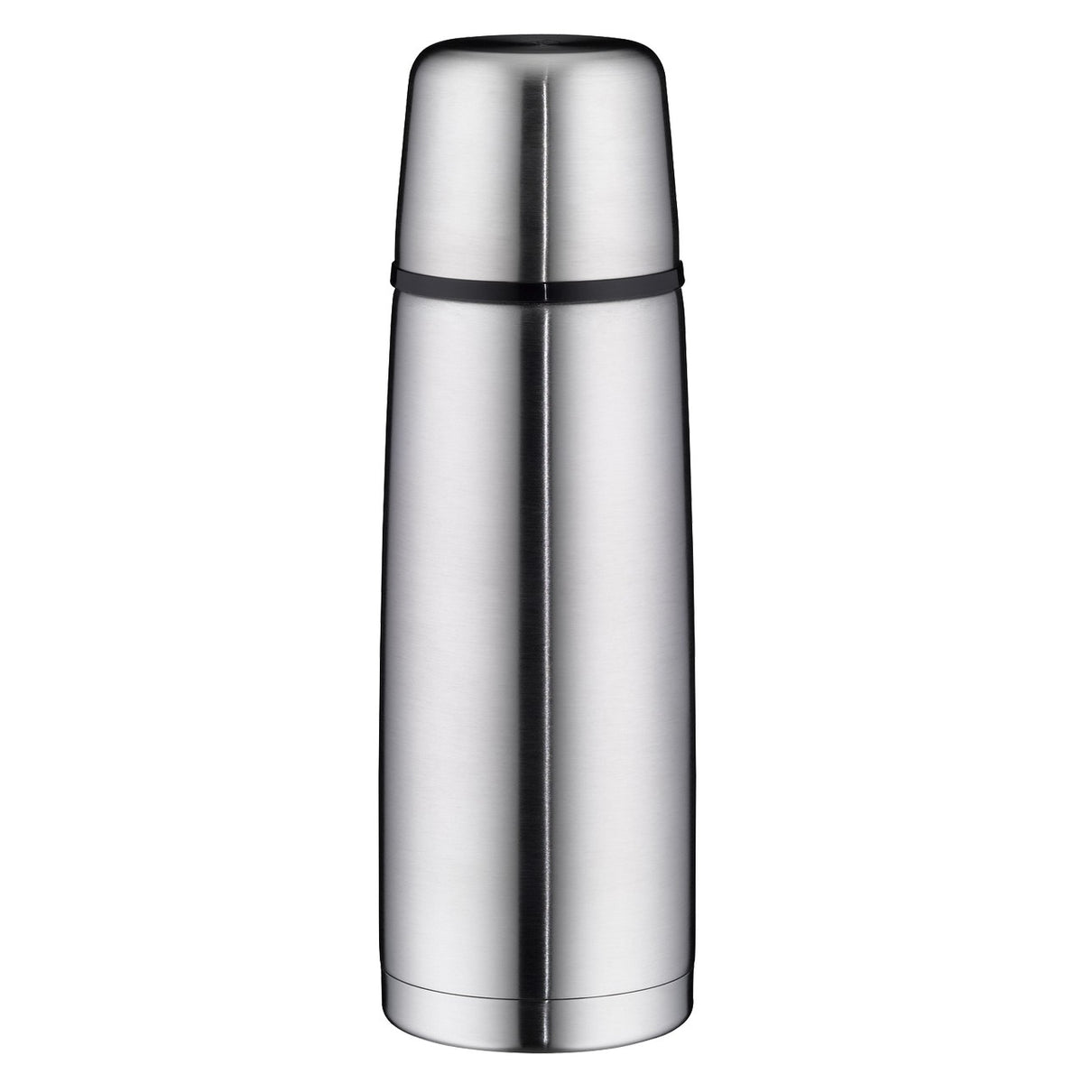 Das Bild zeigt eine silberne Thermosflasche mit einem schlichten, zylindrischen Design. Der Deckel ist ebenfalls silbern und integriert, um als Tasse verwendet zu werden.