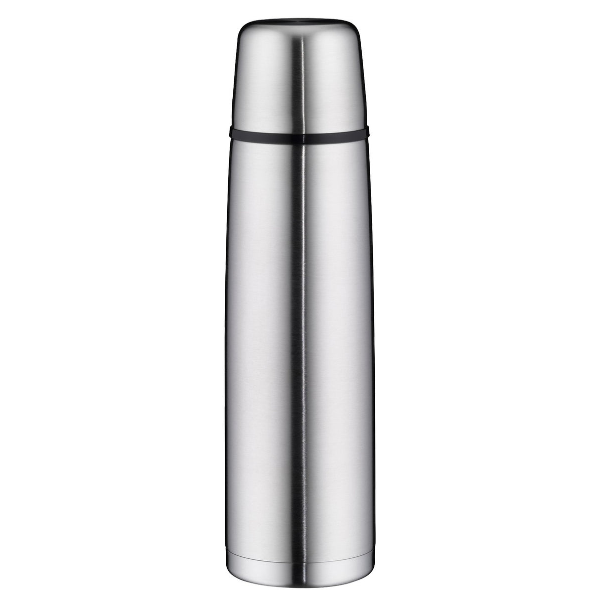 Das Bild zeigt eine silberne Thermosflasche mit einem schlichten, zylindrischen Design. Die Flasche hat einen glänzenden Metallkörper und einen Deckel, der auch als Becher genutzt werden kann.