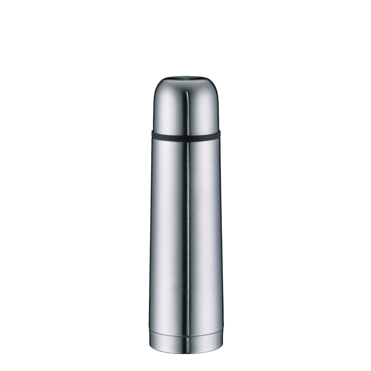 Auf dem Bild ist eine zylindrische silberne Thermoskanne mit einem abgerundeten Deckel zu sehen. Die Oberfläche ist glatt und glänzend.