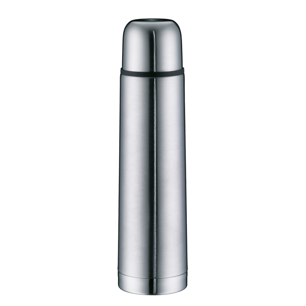 Das Bild zeigt eine schlanke, zylindrische Thermoskanne aus Edelstahl mit einem abnehmbaren Deckel. Sie hat eine glatte, glänzende Oberfläche. Der Deckel ist dunkel abgesetzt und passt in das schlichte, funktionale Design.