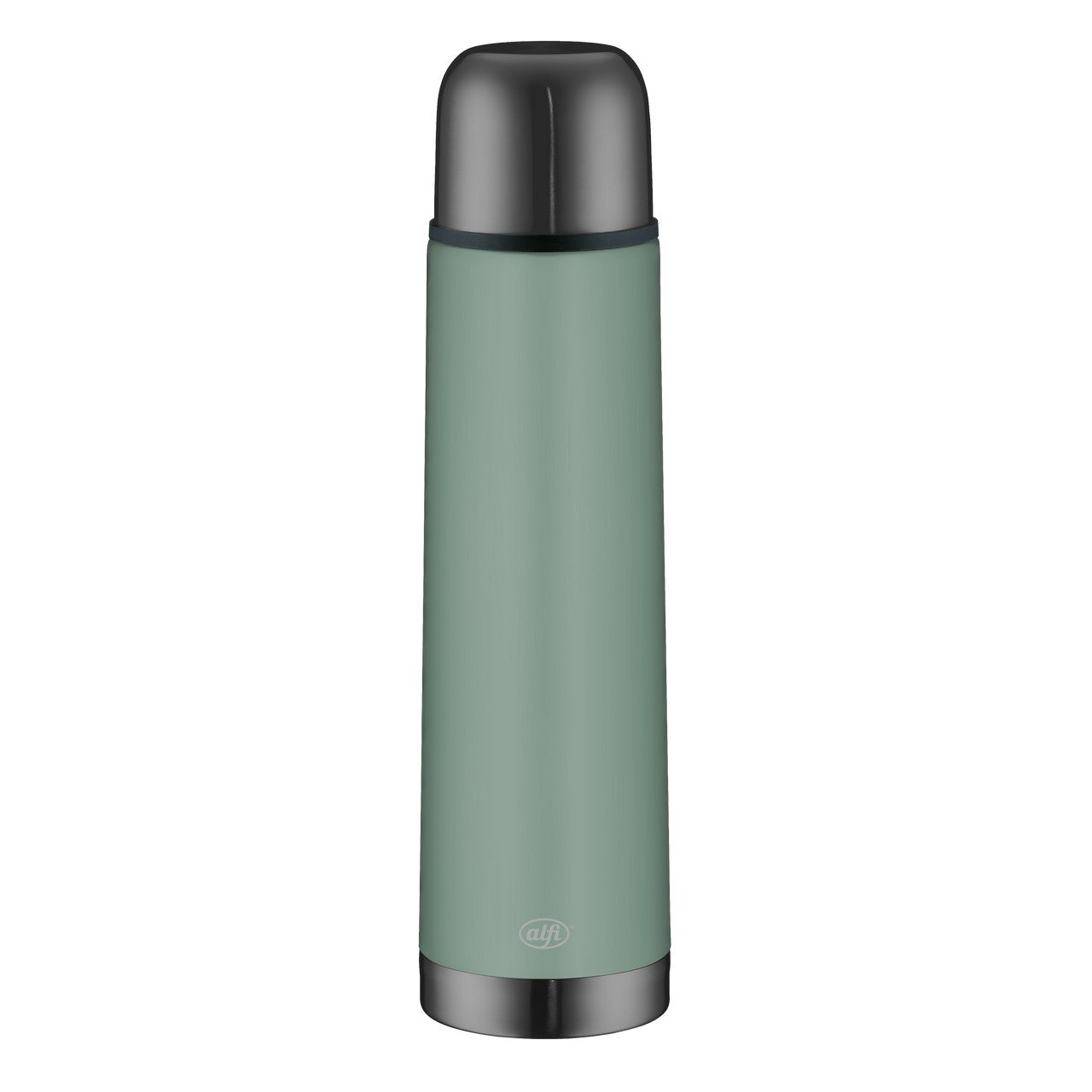 Auf dem Bild ist eine schlanke Isolierflasche in einem hellen Grünton zu sehen. Der Deckel sowie der Flaschenboden sind in einem dunkleren, metallischen Farbton gehalten. Die Flasche hat ein schlichtes, zylindrisches Design.